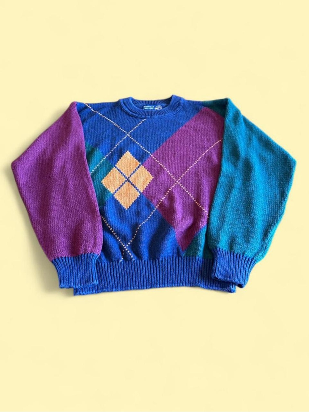 Vintage American Weekend Argyle Colorblock Sweater Blue Men’s M Ramie Cotton